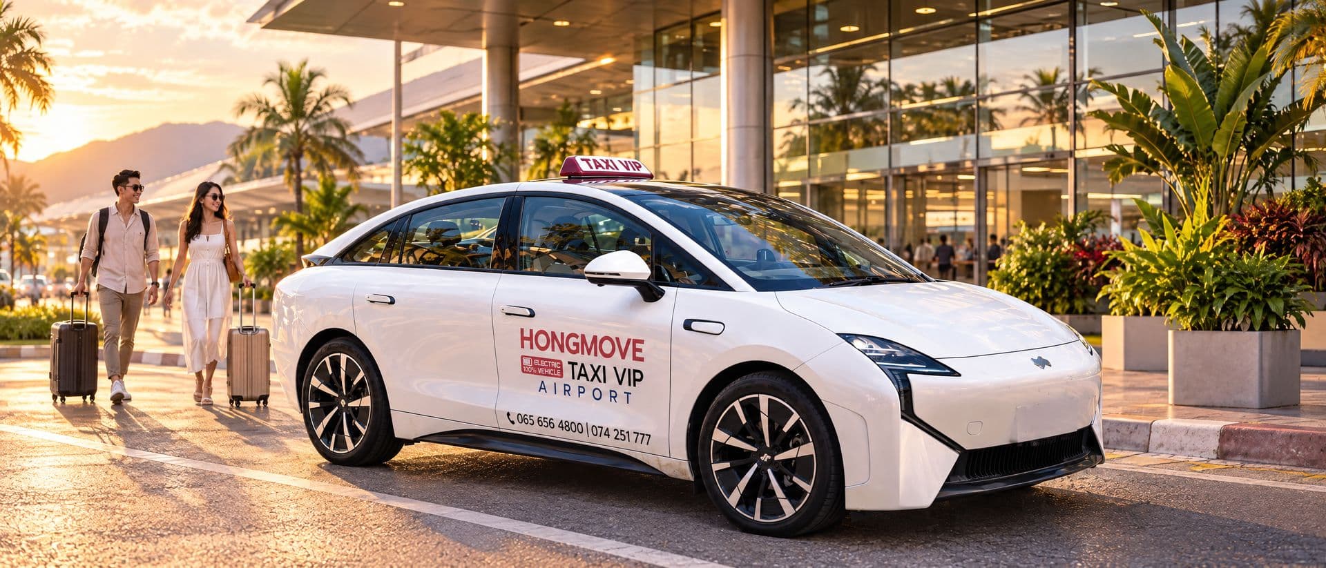 ภาพคอนเซ็ปต์ ผู้โดยสารลากกระเป๋าออกจากอาคารสนามบินไปที่รถ Taxi VIP ของ HONG MOVE ที่จอดรอ