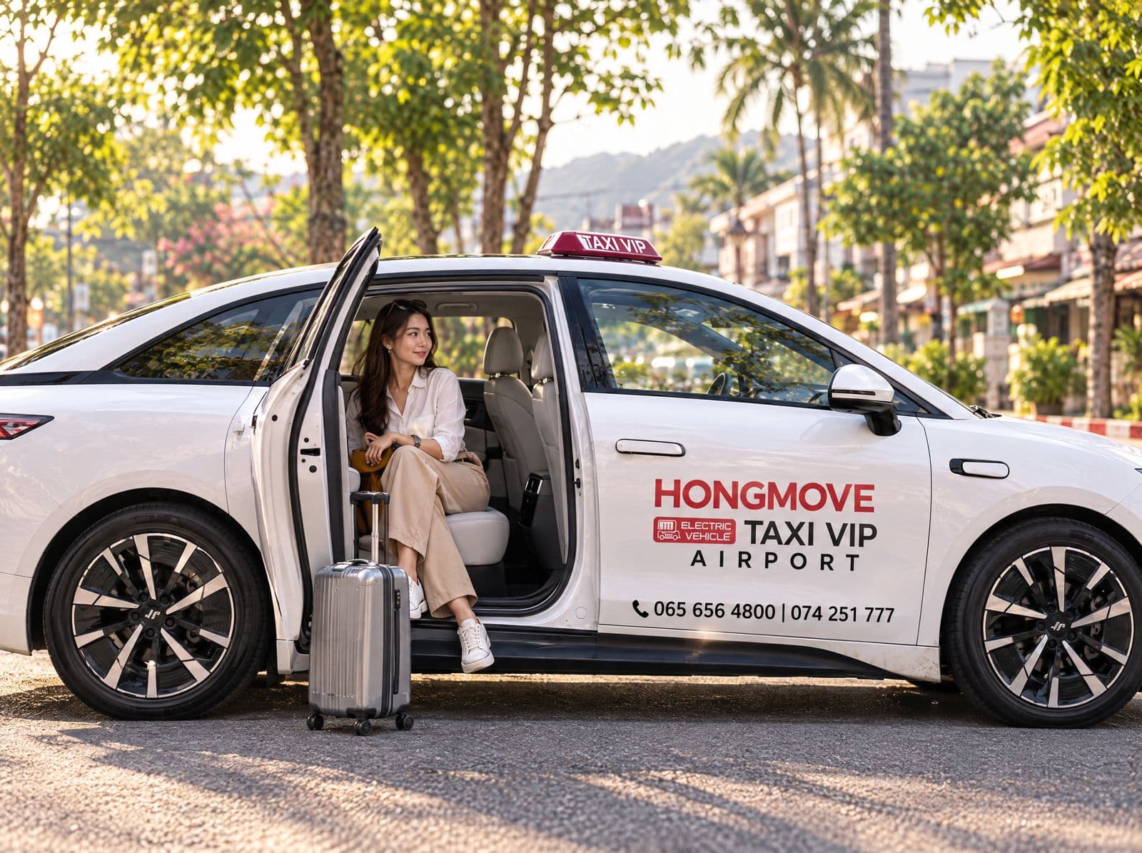 ภาพคอนเซ็ปต์ ผู้โดยสารนั่งเบาะหลังรถ Taxi VIP ของ HONG MOVE ประตูเปิด กระเป๋าเดินทางวางข้างรถ